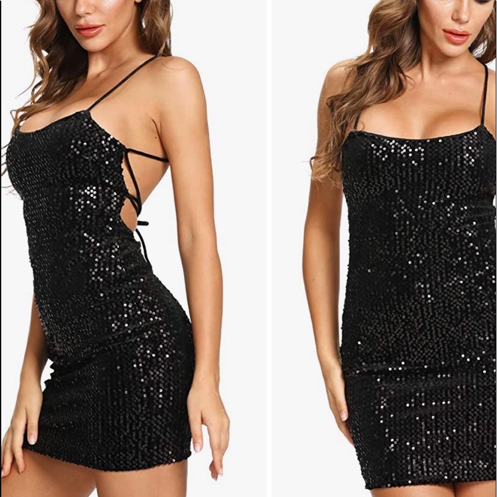 Bodycon black sequin dress with tie back